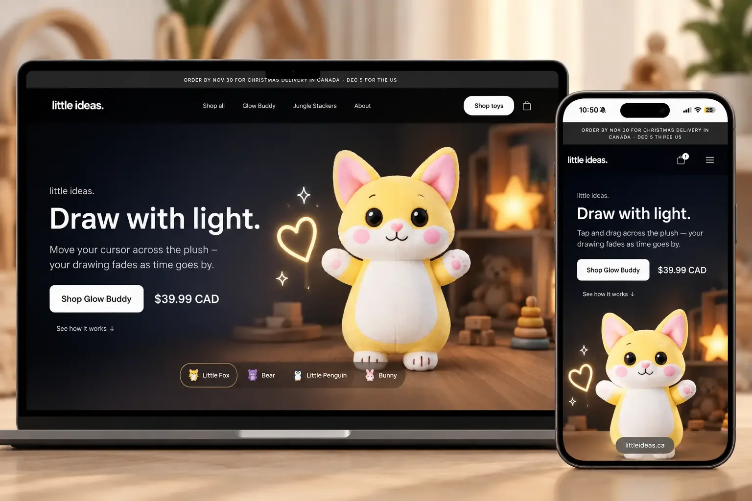 Little Ideas toy store website on a laptop and phone, showing the yellow Glow Buddy fox plush product page