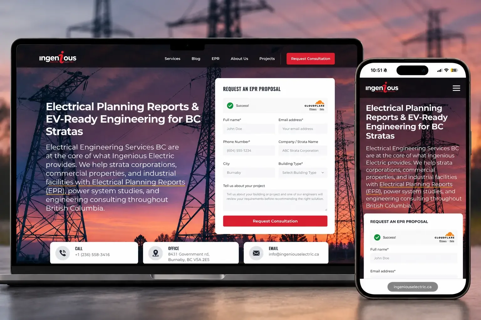 Ingenious Electric website on a laptop and phone, showing the Electrical Planning Report proposal form over transmission towers at sunset