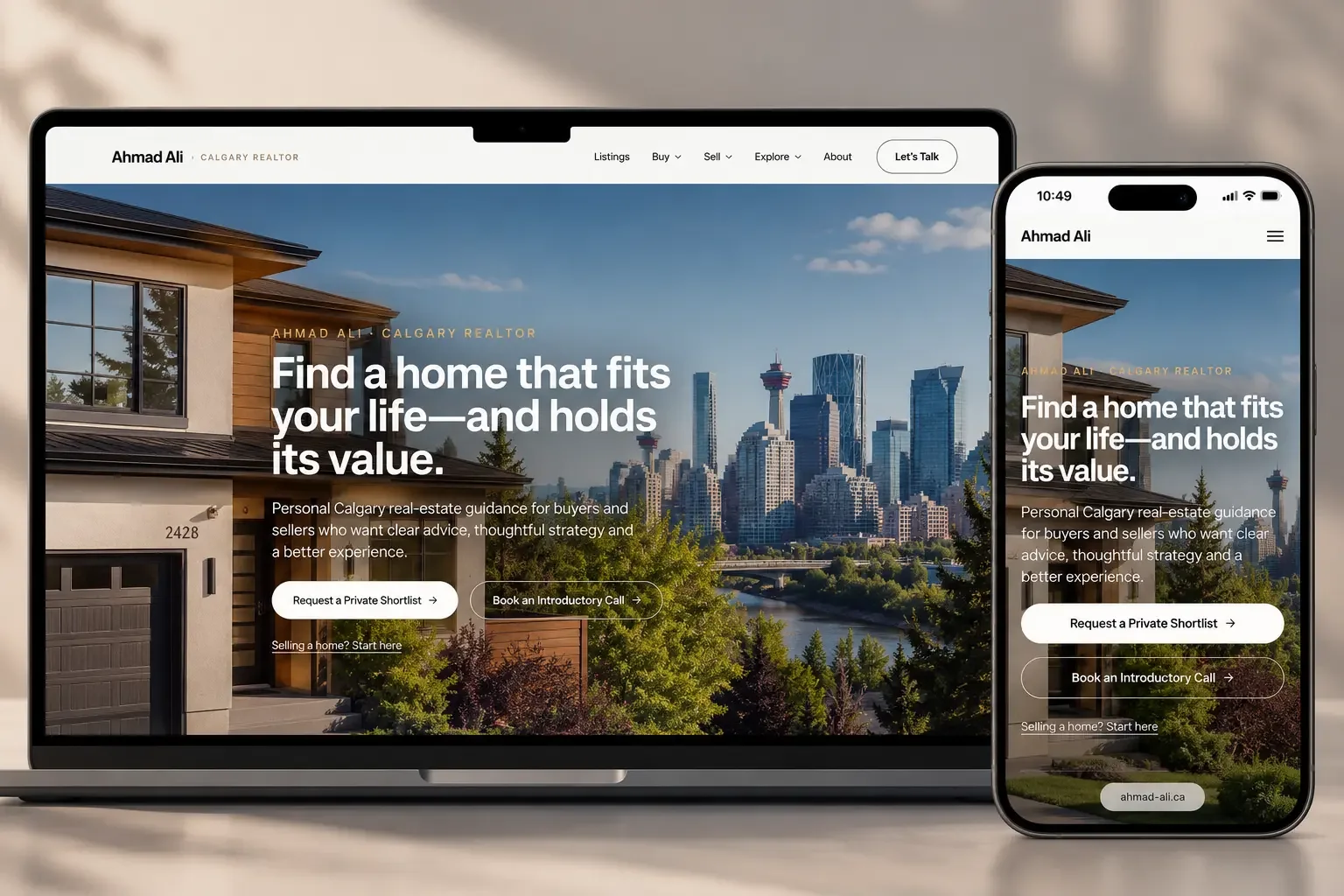 Ahmad Ali real estate website shown on a laptop and phone, featuring a Calgary home and skyline hero