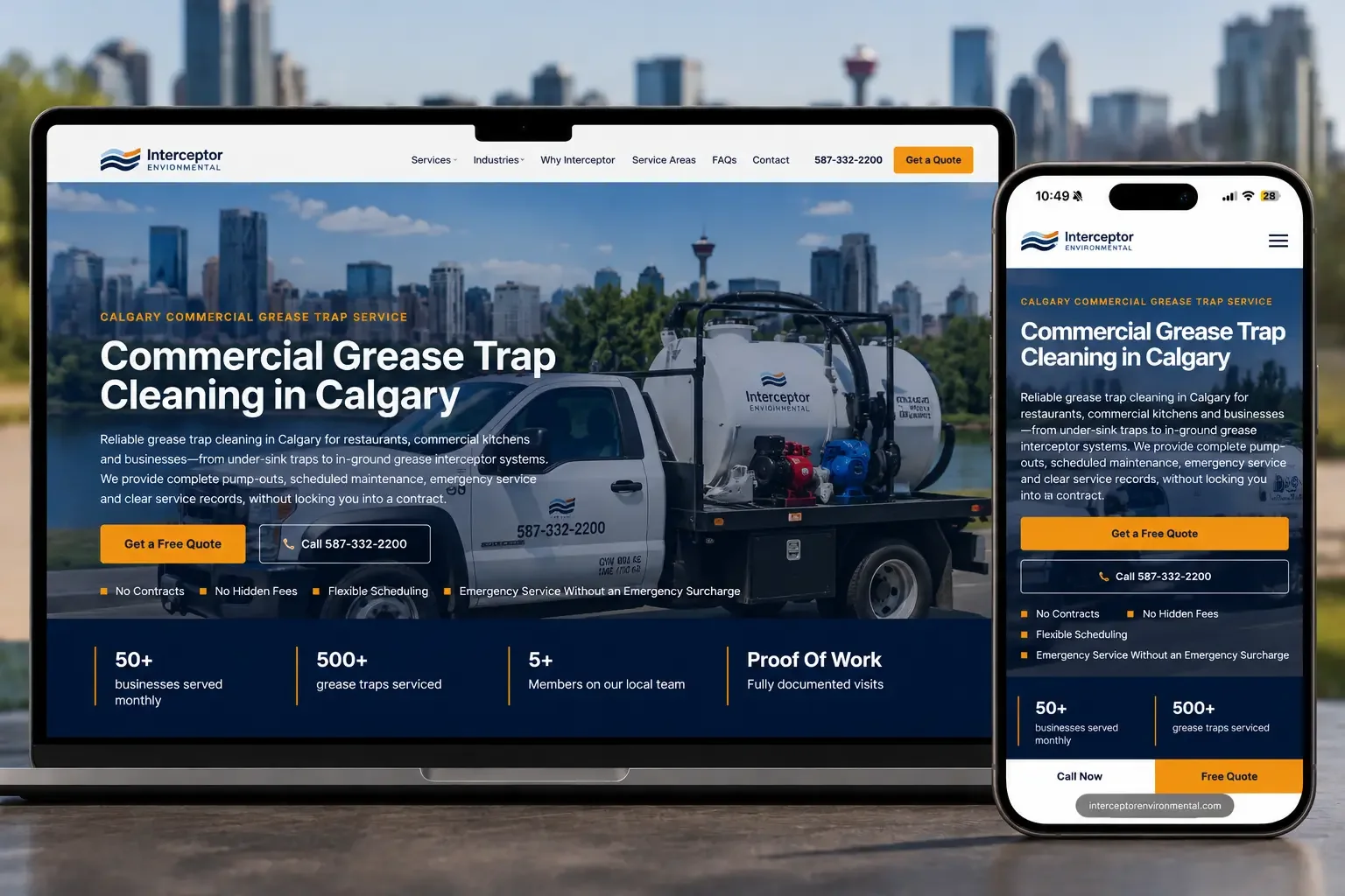 Interceptor Environmental website on a laptop and phone, showing a service truck against the Calgary skyline