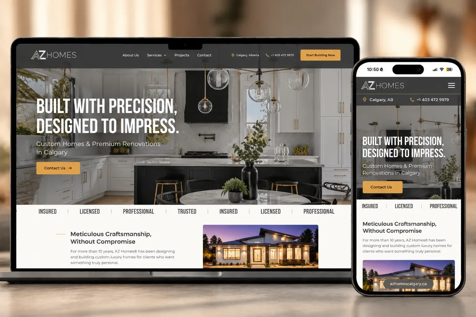 AZ Homes website on a laptop and phone, showing a luxury white kitchen and custom home imagery