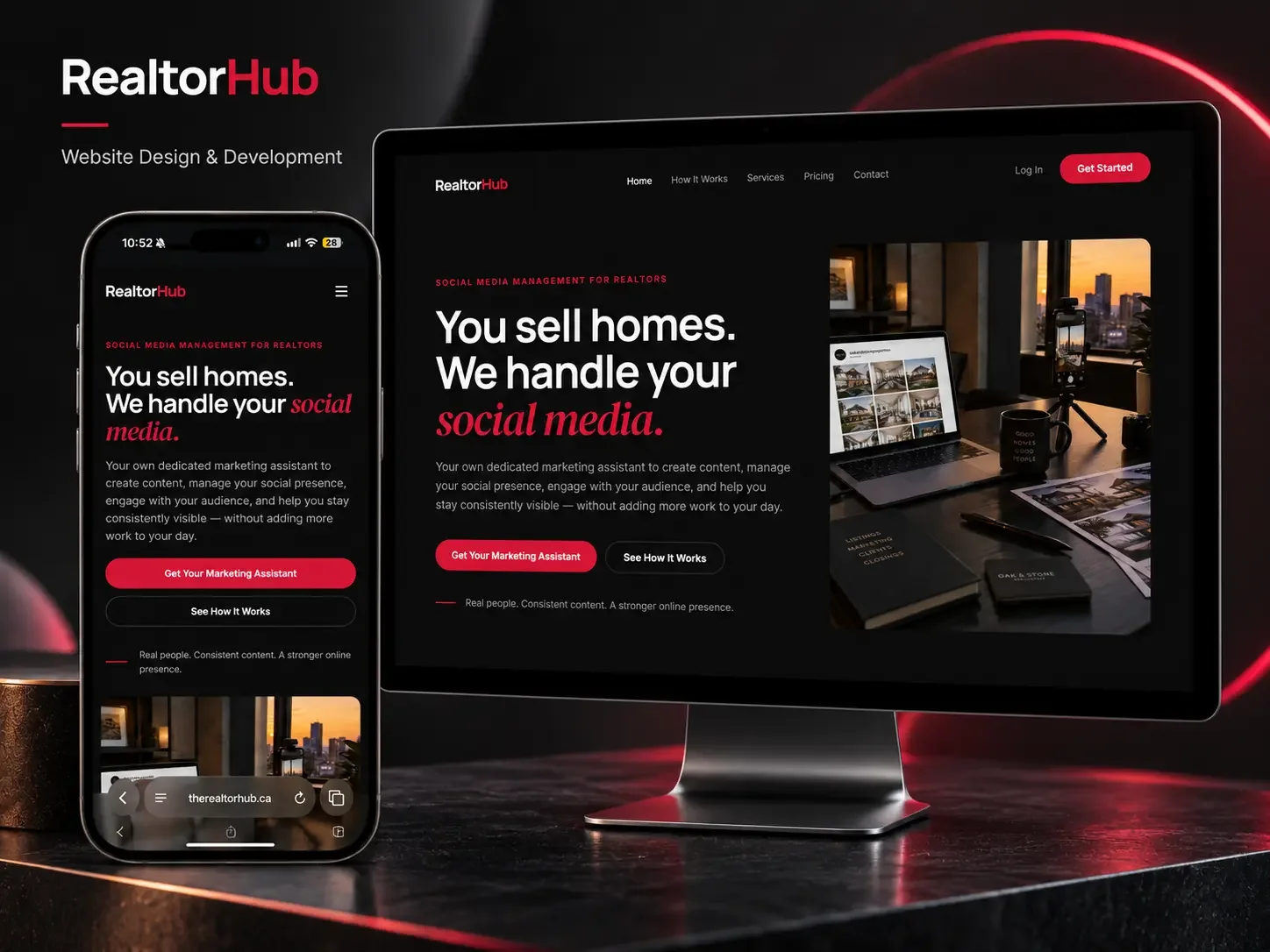 RealtorHub marketing platform on a monitor and phone, showing the black and red social media management landing page